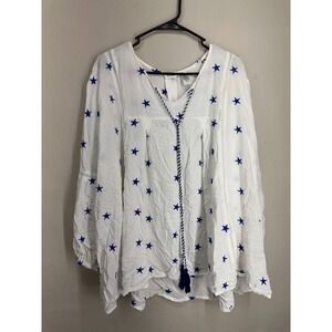 Americana Peasant Blouse Top Tunic XXL White Blue Star Embroidered Tassel Neck